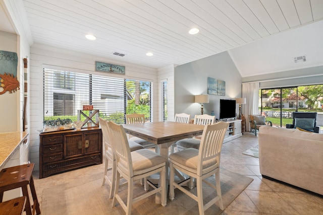 5144 Beachwalk Cir, Miramar Beach, FL 32550 - dining area featuring wood ceiling, light tile patterned flooring, recessed lighting, and lofted ceiling