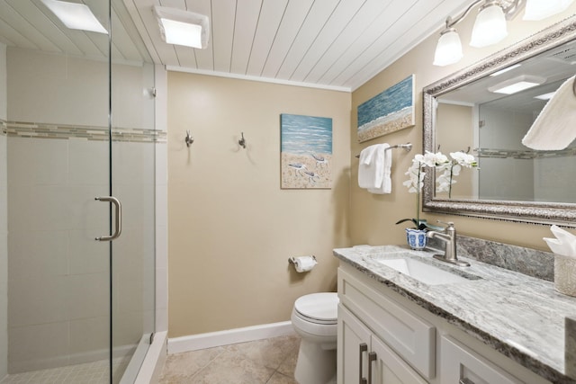 5144 Beachwalk Cir, Miramar Beach, FL 32550 - full bath featuring a shower stall, toilet, wooden ceiling, vanity, and baseboards