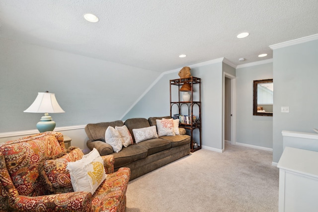 5144 Beachwalk Cir, Miramar Beach, FL 32550 - living room featuring a textured ceiling, light colored carpet, recessed lighting, crown molding, and baseboards