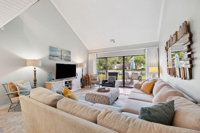 5144 Beachwalk Cir, Miramar Beach, FL 32550 - living area featuring high vaulted ceiling and baseboards