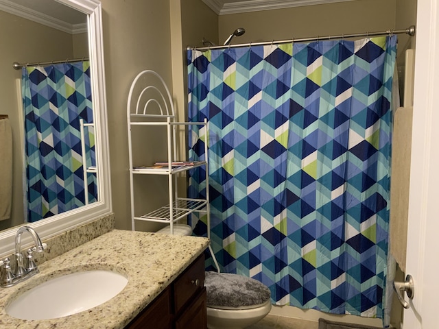 bathroom with ornamental molding, vanity, a shower with shower curtain, and toilet