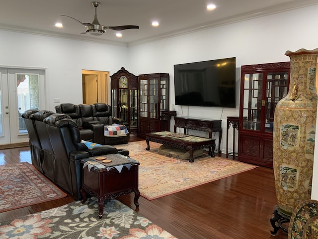 living room with french doors, a ceiling fan, ornamental molding, wood finished floors, and recessed lighting