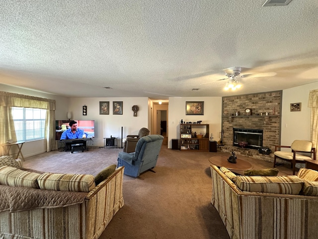 3864 Bear Head Rd, Crestview, FL 32539 - living room with carpet, a brick fireplace, a textured ceiling, and a ceiling fan