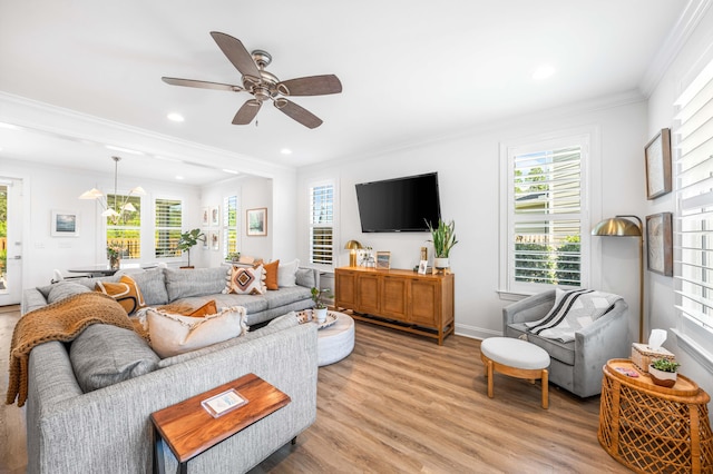 229 Windrow Way, Inlet Beach, FL 32461 - living room with healthy amount of natural light, crown molding, light wood-type flooring, ceiling fan, and recessed lighting