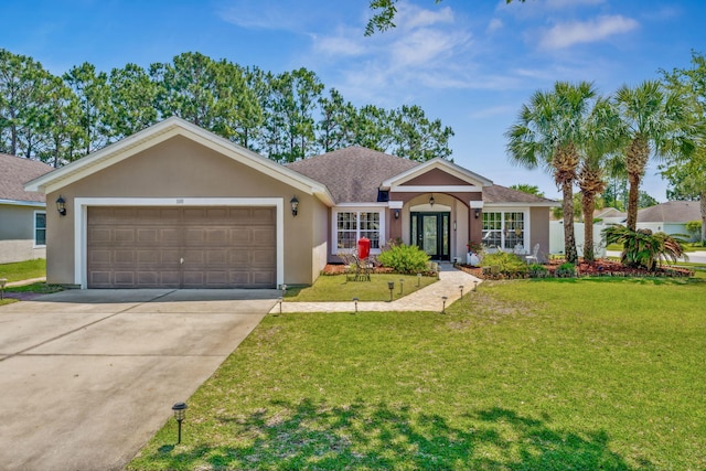 100 Kensington Cir, Panama City Beach, FL 32413 - ranch-style home with stucco siding, an attached garage, driveway, a front yard, and french doors