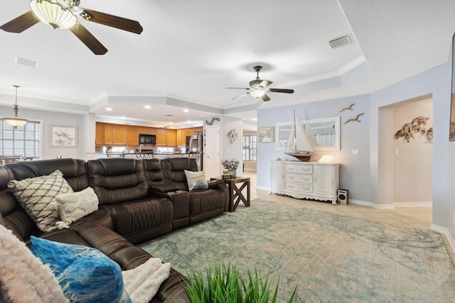 100 Kensington Cir, Panama City Beach, FL 32413 - living room with a ceiling fan, ornamental molding, light tile patterned floors, baseboards, and recessed lighting