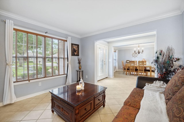 100 Kensington Cir, Panama City Beach, FL 32413 - living room featuring light tile patterned floors, ornamental molding, baseboards, and a chandelier