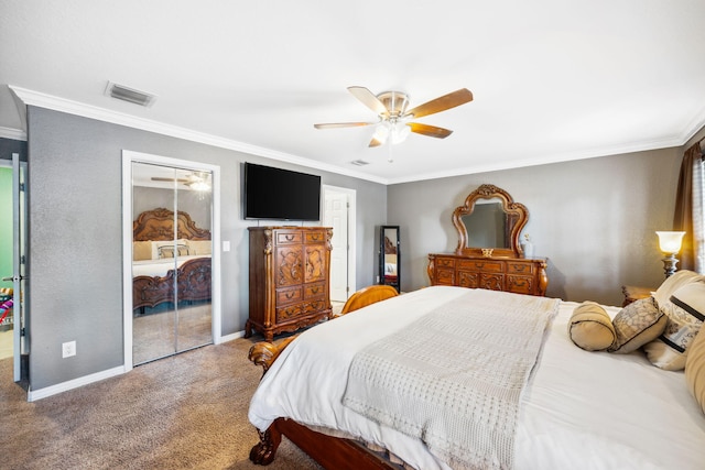 100 Kensington Cir, Panama City Beach, FL 32413 - carpeted bedroom with ornamental molding, a closet, baseboards, and ceiling fan