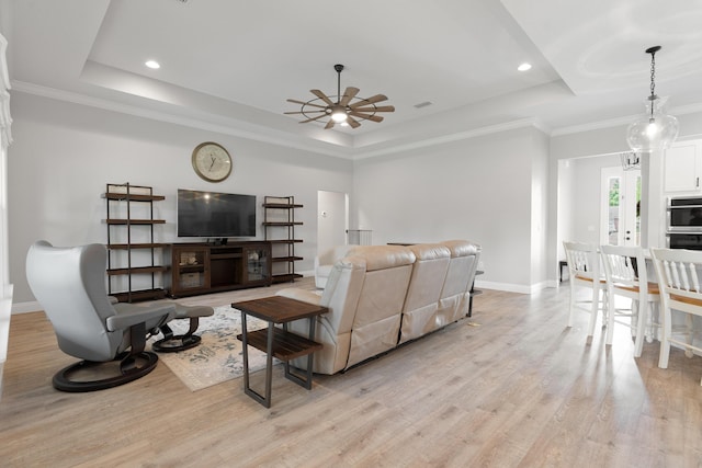 5362 Wyndell Cir, Crestview, FL 32539 - living area with a tray ceiling, ceiling fan, baseboards, light wood finished floors, and recessed lighting