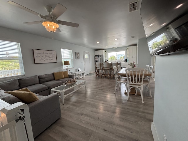 101 Barbados Dr, Cape San Blas, FL 32456 - living area with ceiling fan, dark wood finished floors, recessed lighting, and baseboards