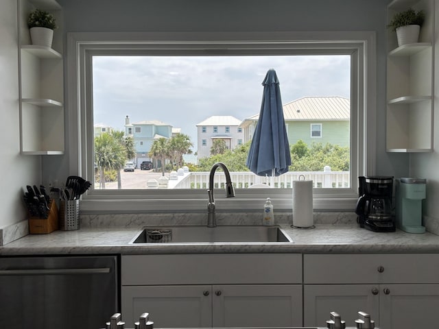 101 Barbados Dr, Cape San Blas, FL 32456 - kitchen with dishwasher, a sink, open shelves, and white cabinetry