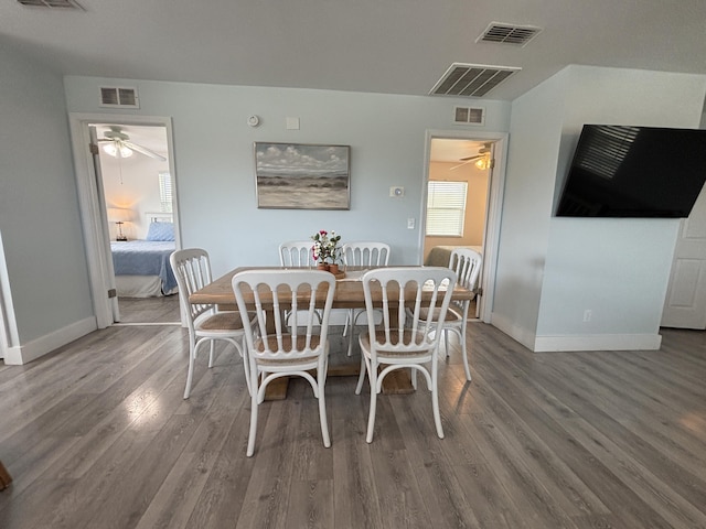 101 Barbados Dr, Cape San Blas, FL 32456 - dining area featuring a ceiling fan, wood finished floors, and baseboards