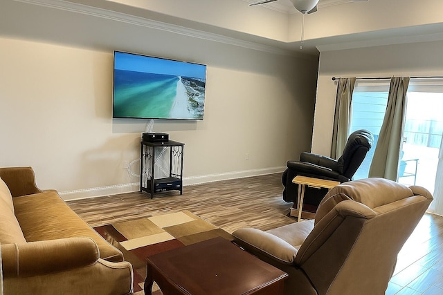 95 Santana Dr, Santa Rosa Beach, FL 32459 - living area featuring a ceiling fan, wood finished floors, and crown molding