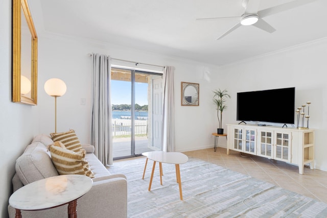 330 Bluefish Dr Unit 119, Fort Walton Beach, FL 32548 - tiled living area with crown molding, ceiling fan, and baseboards