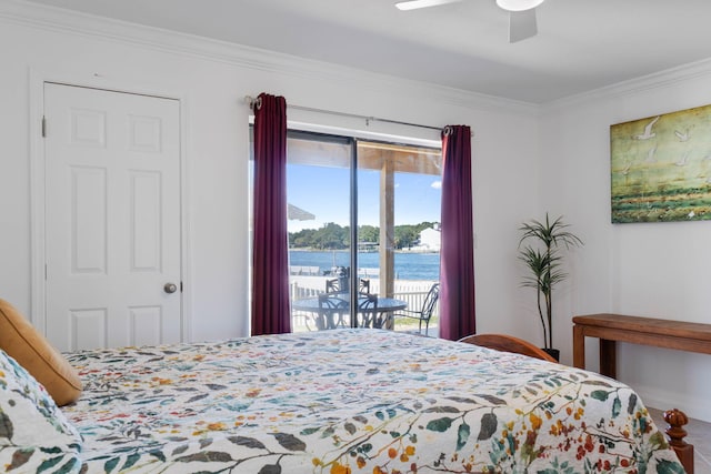 330 Bluefish Dr Unit 119, Fort Walton Beach, FL 32548 - bedroom featuring access to outside, crown molding, a water view, and ceiling fan