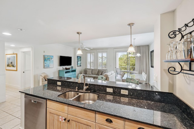 9100 Baytowne Wharf Blvd Unit 366-8, Miramar Beach, FL 32550 - kitchen featuring stainless steel dishwasher, a sink, light tile patterned floors, open floor plan, and a ceiling fan