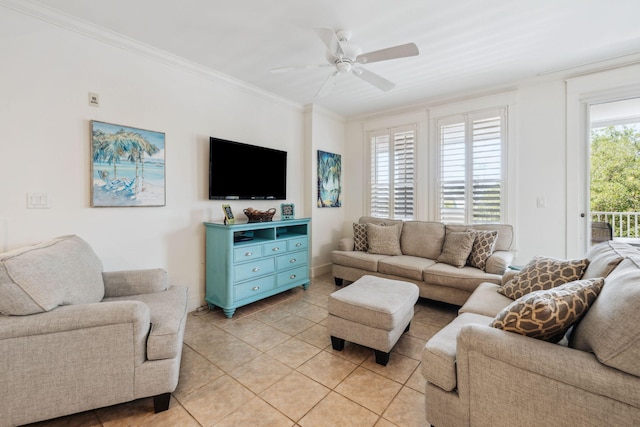9100 Baytowne Wharf Blvd Unit 366-8, Miramar Beach, FL 32550 - living area with crown molding, light tile patterned floors, and a ceiling fan
