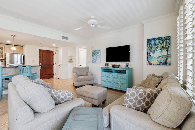 9100 Baytowne Wharf Blvd Unit 366-8, Miramar Beach, FL 32550 - living area featuring a ceiling fan, light tile patterned floors, ornamental molding, and recessed lighting