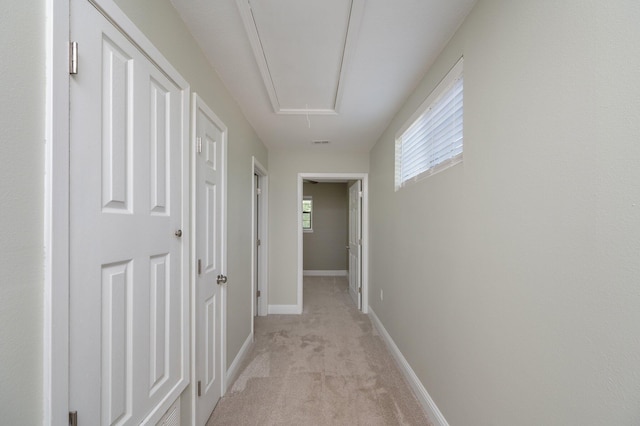 6859 Bill Lundy Rd, Laurel Hill, FL 32567 - corridor with attic access, light carpet, and baseboards