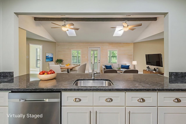 6859 Bill Lundy Rd, Laurel Hill, FL 32567 - kitchen featuring dishwasher, open floor plan, a ceiling fan, white cabinets, and dark stone countertops