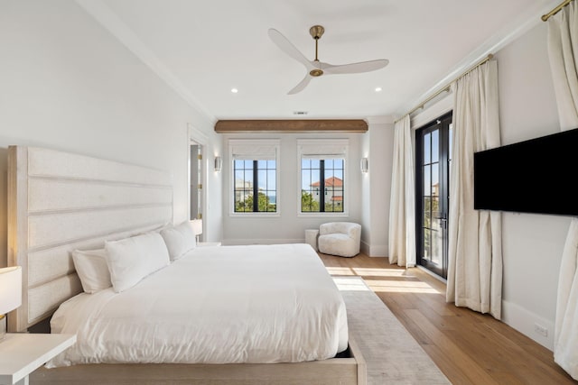 5012 W County Highway 30a, Santa Rosa Beach, FL 32459 - bedroom featuring access to exterior, light wood-style flooring, recessed lighting, a ceiling fan, and ornamental molding