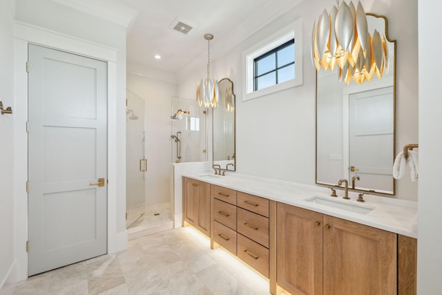 5012 W County Highway 30a, Santa Rosa Beach, FL 32459 - full bath featuring a shower stall, a chandelier, double vanity, ornamental molding, and recessed lighting