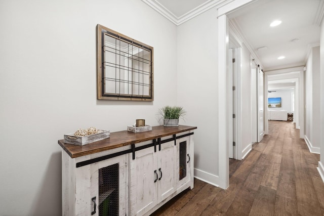 327 Cobalt Ln, Miramar Beach, FL 32550 - hallway featuring ornamental molding, dark wood-style floors, baseboards, and recessed lighting