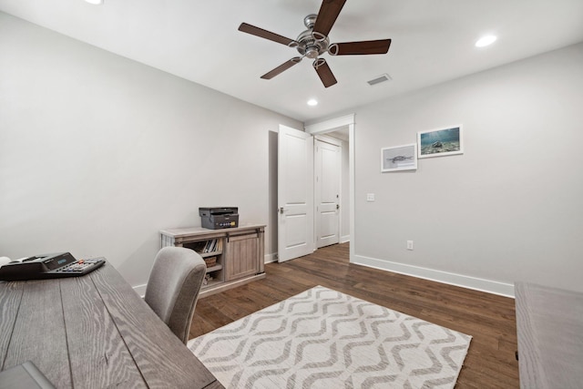 327 Cobalt Ln, Miramar Beach, FL 32550 - home office featuring ceiling fan, recessed lighting, dark wood-style floors, and baseboards