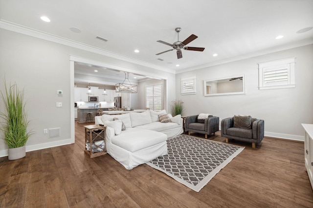 327 Cobalt Ln, Miramar Beach, FL 32550 - living area featuring dark wood-style flooring, baseboards, ceiling fan, crown molding, and recessed lighting