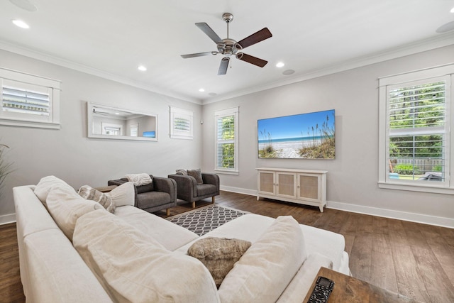 327 Cobalt Ln, Miramar Beach, FL 32550 - living area featuring dark wood-type flooring, baseboards, ceiling fan, recessed lighting, and ornamental molding