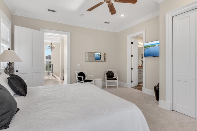 130 Palmeira Way, Santa Rosa Beach, FL 32459 - carpeted bedroom with crown molding, baseboards, recessed lighting, ceiling fan, and ensuite bath