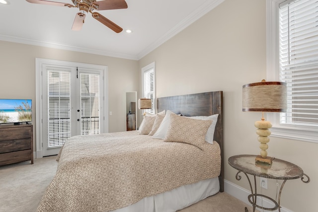 130 Palmeira Way, Santa Rosa Beach, FL 32459 - bedroom with carpet floors, access to exterior, crown molding, multiple windows, and recessed lighting