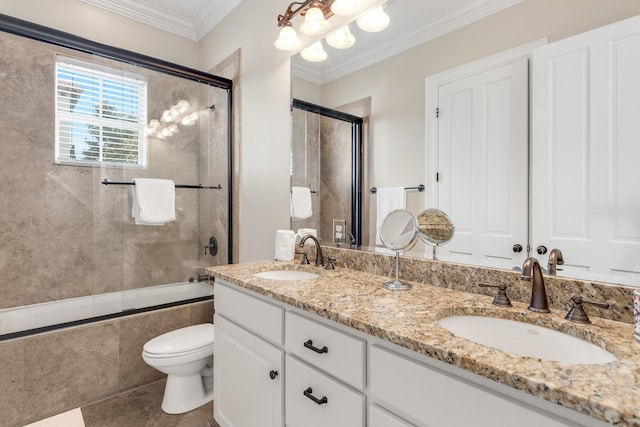 130 Palmeira Way, Santa Rosa Beach, FL 32459 - bathroom featuring tiled shower / bath, toilet, double vanity, crown molding, and tile patterned flooring