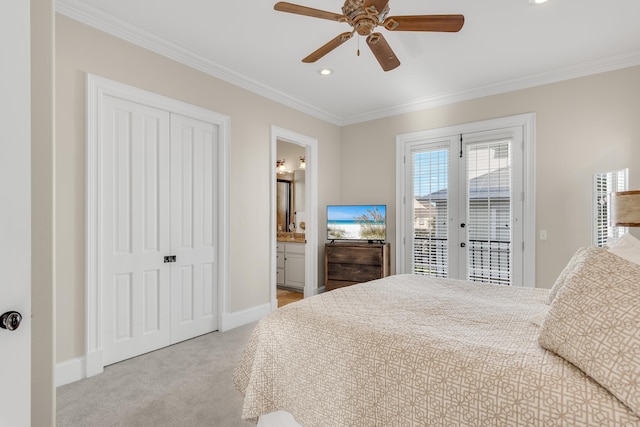 130 Palmeira Way, Santa Rosa Beach, FL 32459 - carpeted bedroom with access to exterior, ornamental molding, recessed lighting, french doors, and ensuite bath