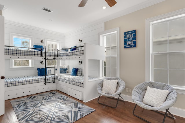 130 Palmeira Way, Santa Rosa Beach, FL 32459 - bedroom with ornamental molding, wood finished floors, recessed lighting, and a ceiling fan