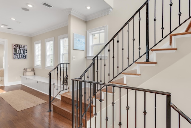 130 Palmeira Way, Santa Rosa Beach, FL 32459 - staircase with wood finished floors, recessed lighting, baseboards, and crown molding