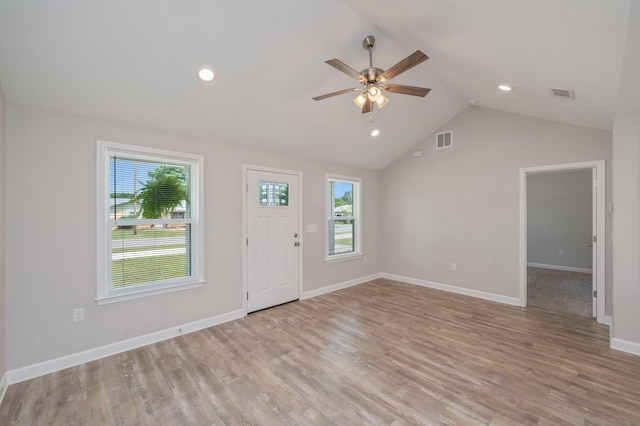 192 S Norwood Rd, Defuniak Springs, FL 32435 - foyer entrance featuring a ceiling fan, plenty of natural light, light wood finished floors, lofted ceiling, and recessed lighting