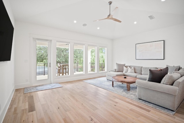 3502 Burnt Pine Ln, Miramar Beach, FL 32550 - living room with healthy amount of natural light, light wood-type flooring, recessed lighting, lofted ceiling, and a ceiling fan
