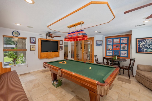 6087 Terrace Ln, Crestview, FL 32536 - game room featuring baseboards, billiards table, crown molding, a ceiling fan, and recessed lighting