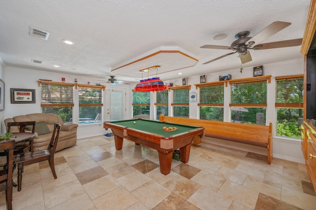 6087 Terrace Ln, Crestview, FL 32536 - playroom with a ceiling fan, healthy amount of natural light, a textured ceiling, baseboards, and pool table