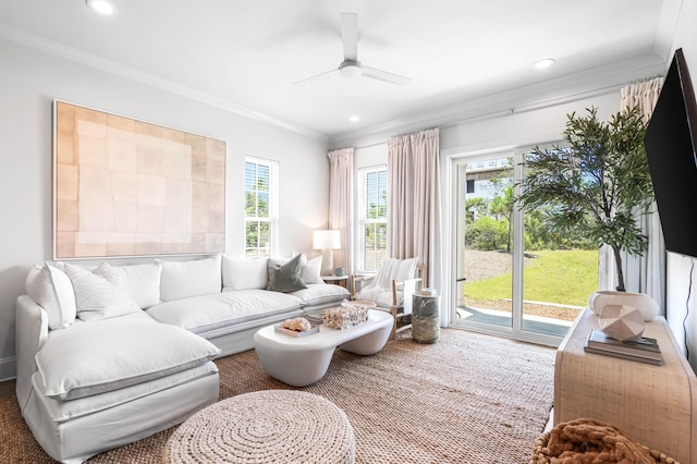 70 Martha S Ln # 2-101, Santa Rosa Beach, FL 32459 - living room with ornamental molding, a ceiling fan, and recessed lighting