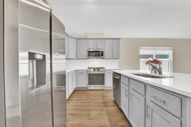 262 Bayou Bend Ln, Panama City, FL 32404 - kitchen with appliances with stainless steel finishes, gray cabinets, a sink, light countertops, and lofted ceiling
