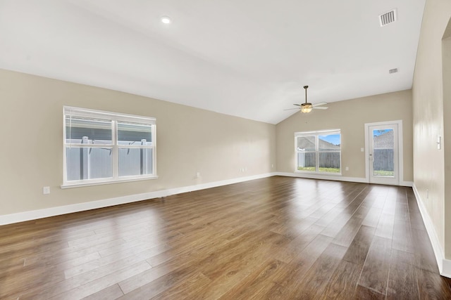 262 Bayou Bend Ln, Panama City, FL 32404 - unfurnished living room featuring ceiling fan, wood finished floors, lofted ceiling, and baseboards