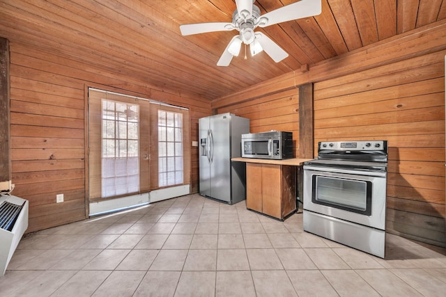 891 Choctawhatchee River Rd, Ponce De Leon, FL 32455 - kitchen with stainless steel appliances, wood ceiling, wooden walls, light tile patterned floors, and light countertops