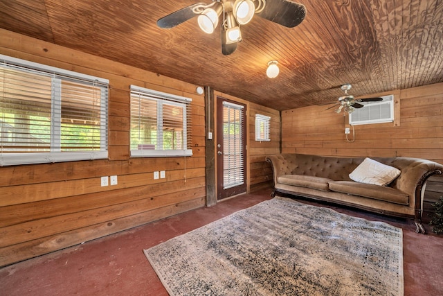 891 Choctawhatchee River Rd, Ponce De Leon, FL 32455 - living area with a ceiling fan, wooden walls, wood ceiling, and a wall unit AC