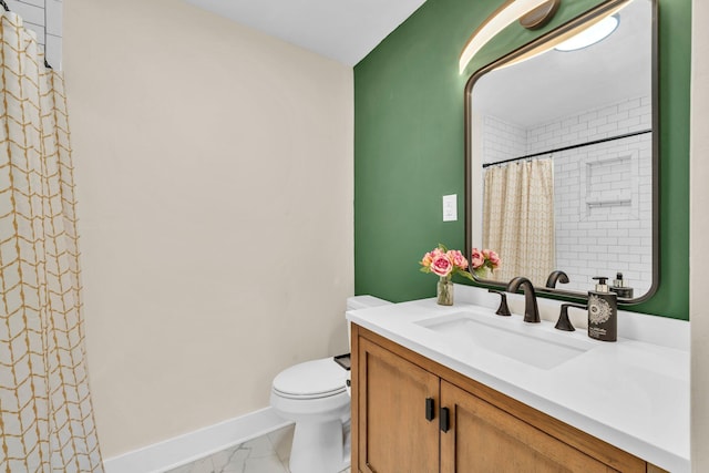 891 Choctawhatchee River Rd, Ponce De Leon, FL 32455 - bathroom featuring vanity, toilet, a shower with shower curtain, marble finish flooring, and baseboards