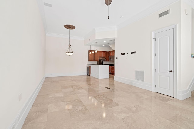 9201 Market St Inn Unit 159, Miramar Beach, FL 32550 - unfurnished living room with ornamental molding, baseboards, light marble finish flooring, and ceiling fan