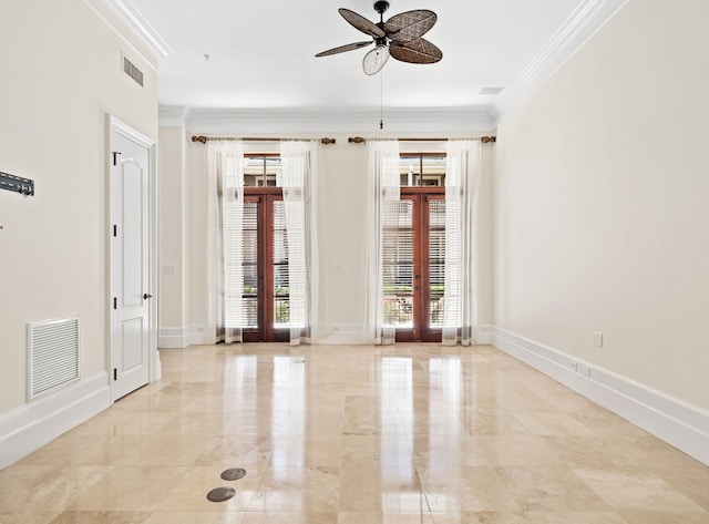 9201 Market St Inn Unit 159, Miramar Beach, FL 32550 - spare room featuring ornamental molding, ceiling fan, marble tiled flooring, and baseboards