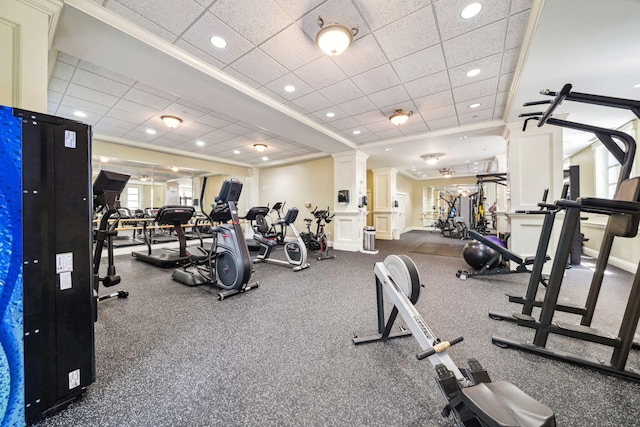 9201 Market St Inn Unit 159, Miramar Beach, FL 32550 - workout area with a drop ceiling, crown molding, ornate columns, recessed lighting, and baseboards