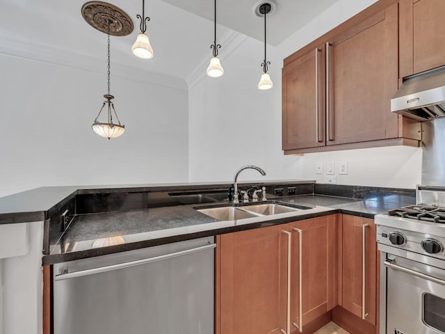 9201 Market St Inn Unit 159, Miramar Beach, FL 32550 - kitchen featuring stainless steel appliances, a sink, crown molding, exhaust hood, and brown cabinetry
